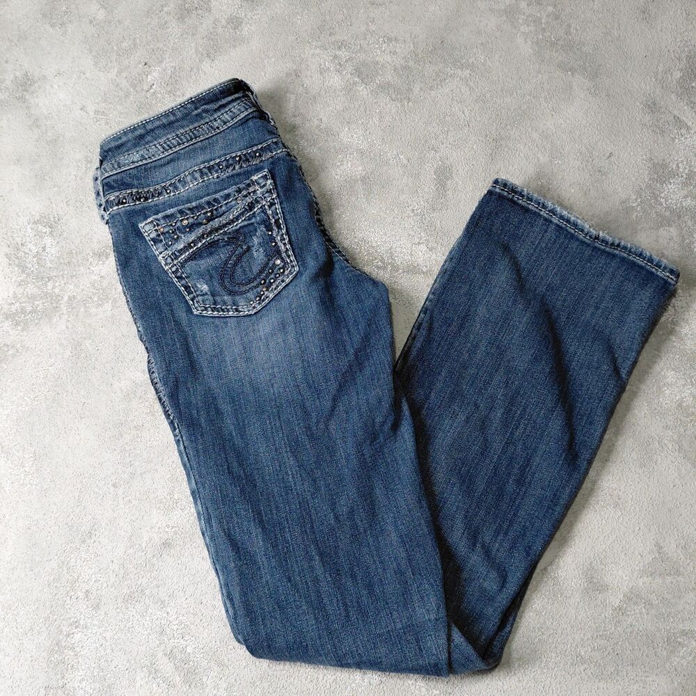 Silver Jeans Co Aiko Bootcut Women Size 26x31 Distressed Ripped Thick Stitch Jea